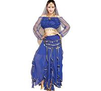 TianBin Femme Indienne Belly Danse Costumes Manches Longues Top Jupe à Volants Performance Ensemble (Saphir#8, Taille Unique)