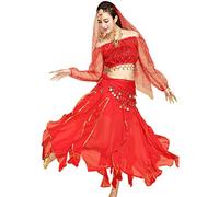 TianBin Femme Indienne Belly Danse Costumes Manches Longues Top Jupe à Volants Performance Ensemble (Rouge#2, Taille Unique)