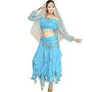 TianBin Femme Indienne Belly Danse Costumes Manches Longues Top Jupe à Volants Performance Ensemble (Lac Bleu#3, Taille Unique)