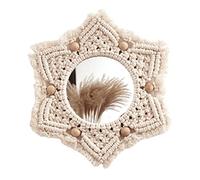 Tiandeng Suspension Murale Miroir en macramé - Miroirs muraux décoratifs Faits à la Main,Miroir en macramé Rond tissé à Suspendre, décor de miroirs Boho à Franges en macramé avec Perles en Bois