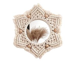 Tiandeng Suspension Murale Miroir en macramé - Miroirs muraux décoratifs Faits à la Main,Miroir en macramé Rond tissé à Suspendre, décor de miroirs Boho à Franges en macramé avec Perles en Bois