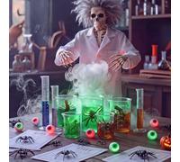 Tiangrid Lot de 24 décorations d'Halloween scientifique fou - Kit d'accessoires de fête de laboratoire - Bécher cylindrique en plastique - Araignées effrayantes avec guirlande lumineuse verte - Pour