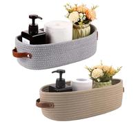 TIANLIN Lot de 2 Panier Rangement Tressé en Coton, 1 Gris & 1 Kaki 33×15×10 cm, Petit Panier Rangement avec Poignées en Cuir pour Salle de Bain, Chambre, Cuisine et Table à Langer