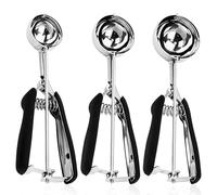 TIANLIN Lot de 3 Cuillère à Glace - 4 cm, 5 cm, 6 cm - Acier Inoxydable 304 avec Déclencheur - pour Différentes Portions - Passent au Lave-Vaisselle, Poignées TPR Noires - Pour Boules de Glace & Plus