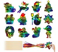 TIANLUD Carte à Gratter de Noël, 48pcs Carte a Gratter Enfant, Carte à Gratter Arc en Ciel, Art à Gratter, 48 Rubans et 24 Bâtons de Bambou, Accessoires de Fête de Noël à Accrocher au Sapin de Noël