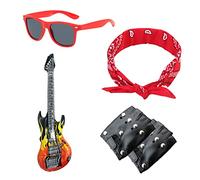 TIANNAIT Kit de fête punk rock 5 pièces, guitare gonflable, lunettes de mode, bandana hip hop, gants rave avec rivets, accessoires de costume disco des années 70, 80 et 90.
