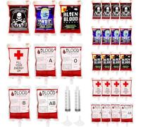 Tianry 24 Pièces Sac de Sang Halloween pour Boissons,250 ML Poche de Sang avec 2 Entonnoirs et 2 Seringue,Réutilisable Récipient de Boisson de FêTe pour Halloween Zombie Party Décorations Soirée Thème