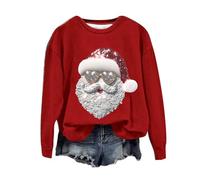 TianWlio Pull Noel Rigolo Femme Manche Longues Christmas Tops Mode Décontracté Sweat-Shirt Moche Sweat Multicolore Imprimé Pullover Automne et Hiver Assortis Ample Noël Sweatshirt (Red)