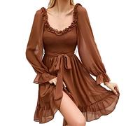 TianWlio Robe Chemisier Ample pour Femme Décontractée Robe Longue Elegante Chic Col V Fluide Décontractée Robe Robe mi Portefeuille à Manches Longues Plage Vacances Robe d'été (Brown, XL)
