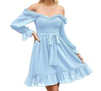 TianWlio Robe Chemisier Ample pour Femme Décontractée Robe Longue Elegante Chic Col V Fluide Décontractée Robe Robe mi Portefeuille à Manches Longues Plage Vacances Robe d'été (Blue, XL)