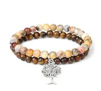 TIANXIAOQWE Bracelet double couche avec pendentif arbre lilas 6 mm en pierre naturelle, 19cm, Pierre Bois, Cristal