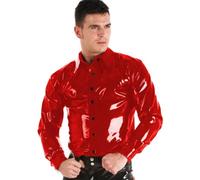 TIANXIAOQWE Chemise à manches longues en cuir PVC brillant effet mouillé pour homme, col écarté, boutonné, pour bar, Halloween, club, fête, Rouge, XXS