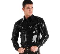 TIANXIAOQWE Chemise à manches longues en cuir PVC brillant effet mouillé pour homme, col écarté, boutonné, pour bar, Halloween, club, fête, Noir , 5XL