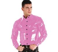 TIANXIAOQWE Chemise à manches longues en cuir PVC brillant effet mouillé pour homme, col écarté, boutonné, pour bar, Halloween, club, fête, rose, L