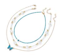 TIANXIAOQWE Lot de 3 colliers avec pendentif papillon européen et américain avec perles fines et simple chaîne de clavicule, Pierre, Quartz
