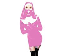 TIANXIAOQWE Mini robe porte-jarretelles en cuir PVC à col haut et manches longues pour Halloween, nonne, cosplay, fête en club