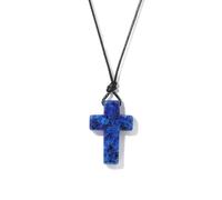 TIANXIAOQWE Pendentif simple en forme de croix lapis-lazuli de Pâques - Fil ciré tissé à la main - Accessoire de chaîne de pull, 45cm, Pierre Bois, Cristal