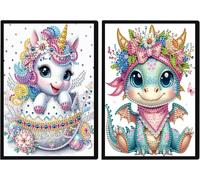 Tianyi-2 Pack A5 Carnet De Peinture Diamant Licorne Ptérodactyle Diamond Painting Carnet De Croquis A5 Dinosaure Broderie Diamant Carnet Journal Intime Fille Cahier Diamant Painting Licorne