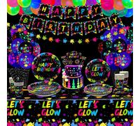 Tianyi-225 Pièces Glow Néon Articles De Fête Ballon Néon, Bannière D'anniversaire Phosphorescente, Guirlandes, Décoration De Gâteau, Nappe, Assiettes, Serviettes Et Tasse, Pour 20 Invités