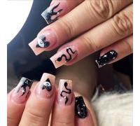 Tianyi-24 Pcs Court Faux Ongle Imprimé Serpent Faux Ongle Oeil Du Diable Faux Ongle Noir Avec Blanc Faux Ongle Crinière Étoilée Faux Ongle À Pois Faux Ongle Art Pour Femmes Et Filles Décoration Quoti