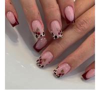 Tianyi-24 Pièces Ongles Pressés Cerise, Faux Ongles Courts Carrés Avec Design, Ongles D'art Réutilisables Avec Colle, Ensemble D'ongles De Qualité Salon