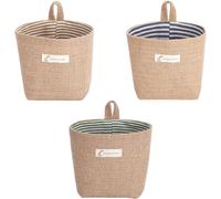 TIANYI-3 Pièces Panier de Rangement en Coton et LinSac de Rangement en Coton Lin, Sac de Rangement Suspendu en Coton et LinDétachable, Pliable, Lavable, Pour Mur, Porte, 3 Modèles