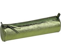 Tianyi-8711c - Trousse Scolaire Ronde Vert Olive Effet Irisé Ø5,5x22 Cm En Véritable Cuir D'agneau