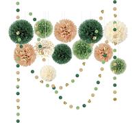 Tianyi-Aobkiat Set De Décorations De Fête De Mariage,15pcs Papier De Tissu Vert Pom Poms,Guirlande De Papier À Points Suspendu Toile De Fond Pour Fiançailles,Mariage Boho,Baby Shower