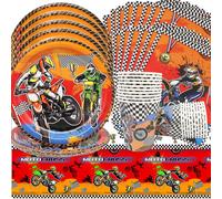 Tianyi-Articles De Table Pour Fêtes De Garçons,Décoration D'anniversaire Motocross 61 Pièces,Assiettes,Gobelets,Serviettes Et Nappes Articles De Table Motocross,Pour 20 Personnes