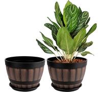 TIANYI-Belle Vous Pot de Fleur Interieur Exterieur 22,5 cm - Lot 2 Pots de Plante en Plastique en Forme de Demi Tonneau avec Trous de Drainage et Soucoupe - Pot Décoratif Maison et Jardin