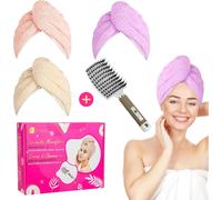 Tianyi-Coffret Cadeau Femme (4 Pces), Fete Des Meres, Anniversaire, Mariage 3 Serviettes Microfibre Cheveux Absorbantes, Séchage Rapide + 1 Brosse Démêlante En Poils De Sanglier