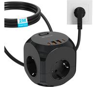 TIANYI-Cube de Prises avec USB, 8 en 1 Multiprise Cube avec 2 USB-A & 2 USB-C, 4 Prises Cube avec Interrupteur, Multiprise Distributeur de Prises avec 2M de Câble, Noir