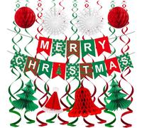 Tianyi-Décoration Noël Vert Rouge Blanc, Kit Décoration Noël En Papier Intérieur Avec Banderole Merry Christmas Papier Sapin De Noel Bonnet De Noel, Déco Fête Xmas Suspendu Reusable Pour Maison Vitre