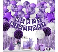 Tianyi-Décorations D'anniversaire Violet Pour Filles Femmes, Guirlande Happy Birthday, Bannière De Banderole,Pompons, Rideau De Feuille D'aluminium Violet Pour Bday Engagement Anniversary Party Decor