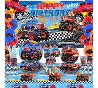 Tianyi-Décorations De Fête D'anniversaire Monster Truck ¿ Accessoires De Fête Avec Toile De Fond, Assiettes, Tasses, Serviettes, Nappes, Ballons ¿ Pour 20 Invités