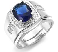 Tianyi-Diamond Ring With Blue Gemstone Crystal,Men's 18k Real White Gold Platinum Plated Iced Out Handset Lab Diamonds Black Agate Size Adjustable With Free Giftbox