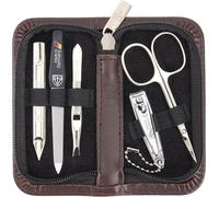 Tianyi-Drei Schwerter Germany Siena Kit De Manucure 5 Pièces : Ciseaux À Cuticules, Coupe-Ongles, Lime À Ongles Saphir, Nettoyant Pour Ongles, Pince À Épiler, Couleur Cuir Marron