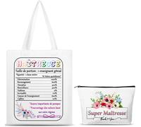 TIANYI-Ensemble Cadeau Professeur Sac Shopping & Trousse Super Maîtresse en Coton Lavable Cadeau Original Pour Enseignants - Idéal Fête des Maîtres, Noël ou Fin d'Année Scolaire