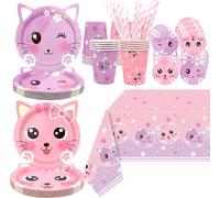 Tianyi-Ensemble De Fournitures Pour Fête D'anniversaire De Chat, Assiettes, Nappe, Gobelets, Pailles Pour Les Décorations De Fête De Chat Pour Les Enfants, Pour 20 Invités
