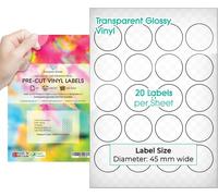 Tianyi-Evergreen Goods¿ Lot De 10 Feuilles D'étiquettes Autocollantes Rondes Prédécoupées A4 \U2013 Transparentes Brillantes/Transparentes 45 Mm (20 Étiquettes Par Feuille) \U2013 Vinyle Circulaire