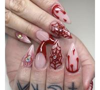 Tianyi-Faux Ongles Court,Amande Halloween Nude Rouge French Paillettes Toile D'araignée Araignées Crystal Horror Creepy Spooky Gothic Press On Nails Avec Colle À Ongles,Red Blood Vampire Fake Nails