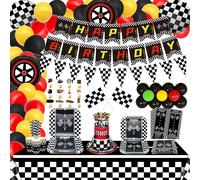 Tianyi-Fournitures De Fête D'anniversaire De Voiture De Course - Décorations De Fête Sur Le Thème De La Voiture - Pour 20 Ans - Bannière « Happy Birthday » - Assiette En Carton - Nappe À Carreaux -