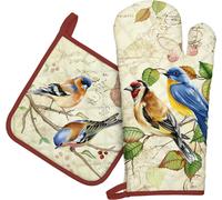 TIANYI-Gants De Four & Maniques Lot De 2, 100% Coton Maniques Cuisine Gant Four Anti Chaleur Extra-Longue pour Barbecue, Cuisine, Griller,Micro-Ondes(Oiseau rétro)