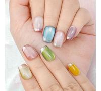 Tianyi-?il De Chat Fait À La Main Clous À Presser Trapèze Court Couleurs Dégradées Faux Ongles Cristaux Paillettes 10 Pièces Faux Ongles Faux Ongles Pailletés Pour Femmes Et Filles (Bleu1, L)