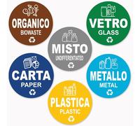 Tianyi-® Lot De 12 Autocollants De Collection Différenciée Format 9,5 Cm De Diamètre ¿ Étiquettes Pour Conteneurs Déchets En Italien Et En Anglais ¿ Adhésif Pour Recyclage Lavable, Résistant Aux