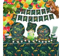 Tianyi-Lot De 171 Décorations D'anniversaire Dinosaures ¿ Assiettes, Serviettes, Tasses, Ballons, Bannière, Décoration De Gâteau, Nappe, Fournitures De Fête Pour Garçons Et Enfants Pour 20 Invités