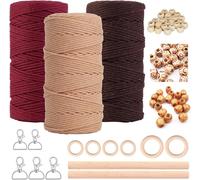 Tianyi-Lot De 3 Fils De Macramé 3 Mm X 60 M Pour Macramé, Tenture Murale, Attrape-Rêves, Suspension, Rideau, Chaîne, Kit De Bricolage, Avec 5 Porte-Clés, 60 Perles En Bois, 6 Anneaux En Bois, 2 Barre