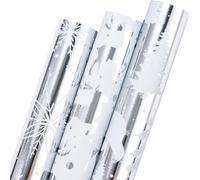 Tianyi-Lot De 3 Mini Rouleaux De Papier Cadeau De Noël Argenté Métallique Luxueux, Flocon De Neige, Renne Et Ours \U2013 43,5 Cm X 3 M Par Rouleau
