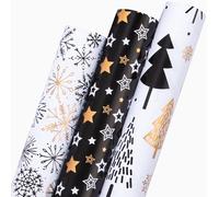 Tianyi-Lot De 3 Mini Rouleaux De Papier Cadeau De Noël Classique Noir Et Blanc, Motif Sapin De Noël, Étoiles Et Flocons De Neige \U2013 43,5 Cm X 3 M Par Rouleau