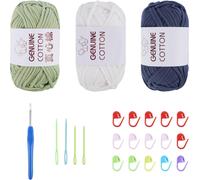 Tianyi-Lot De 3 Pelote Coton Pour Crochet Fil Coton Pour Débutants, Textile Pour T-Shirt, Pelotes De Fil À Tricoter Et À Crochet Pour Écharpes, Paniers, Tapis (Blanc Laiteux, Bleu Denim, Vert Avocat)